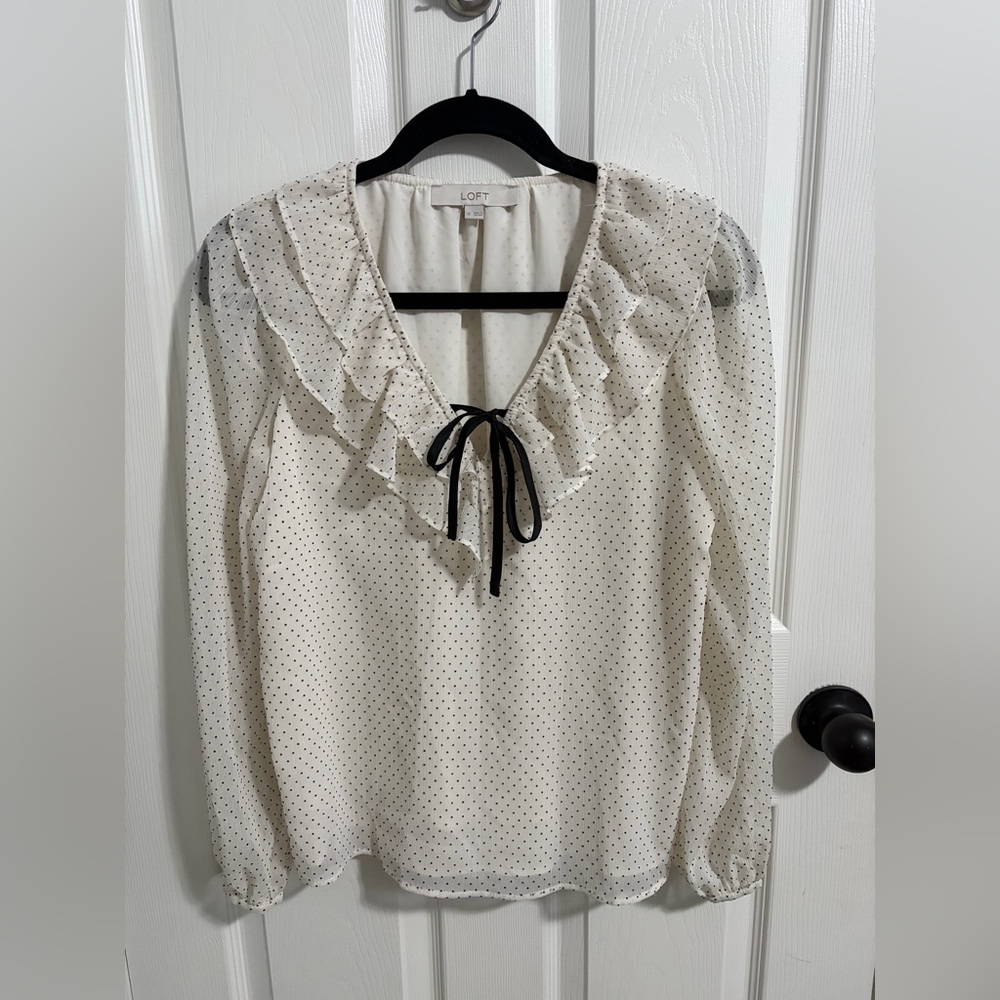 LOFT Flocked Dot Ruffle Tie Neck Blouse